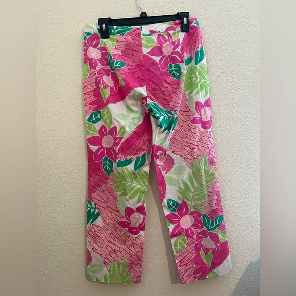 Vintage Lilly Pulitzer Ports Of Caw Wide Leg Pant Pink/Green Parrot Floral Sz 4 - Picture 2 of 9